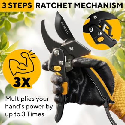 Gerossi Ratchet Pruning Shears Heavy Duty, Hand Pruners for Gardening - color: Orange