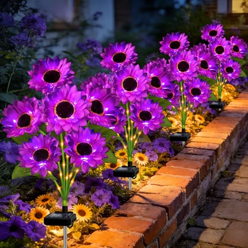 Solar Sunflower Lights Outdoor Garden Decor, 4 Pack Solar Purple Flowers Lights with 24 Sunflowers, Waterproof Fall Decor Stake Decorative Light Auto ON/Off for Garden Yard Patio, Gift for Women - color: Purple, size: 6 in 1 Sunflower-4 Pack
