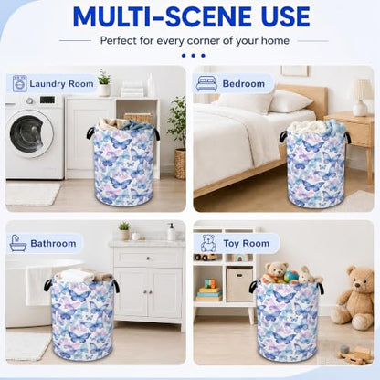 Blue Butterfly Laundry Hamper,Collapsible Laundry Baskets, Dirty Clothes Baskets with Handles,Oxford Cloth Hamper for Bedroom,Bathroom,Laundry Room,College Dorms,16"x20" - color: Blue Butterfly