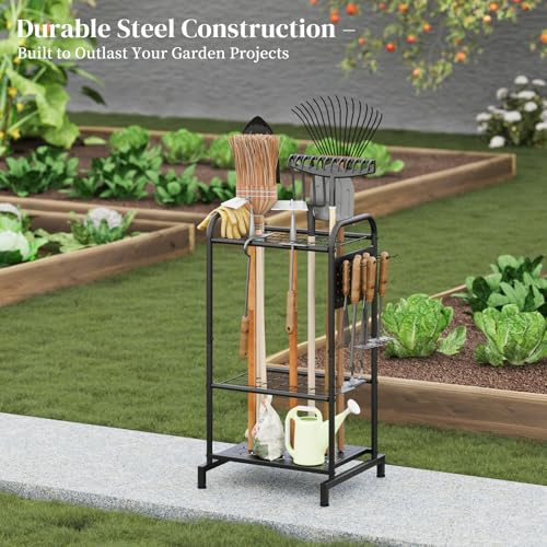 Garden Tool Organizer with Hooks, Steel Yard Storage Holder,Broom Holder - style: Rack with Hooks