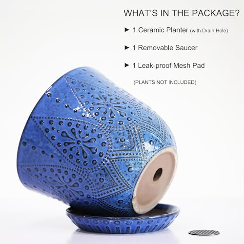 Gepege 8 Inch Ceramic Plant Pot with Drainage & Saucer - color: Blue, size: 8 Inch