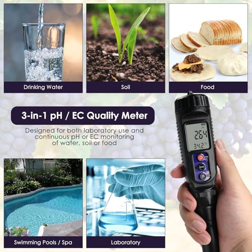 pH Meter for Food 3-in-1 Digital pH EC Temperature Meter with ATC, Food pH Tester for Checking Fermentation/Bread Dough/Sausages, Waterproof pH Probe Meter for Cosmetics, Solid and Soft Soil Sample - color: 3-in-1 Food pH Meter