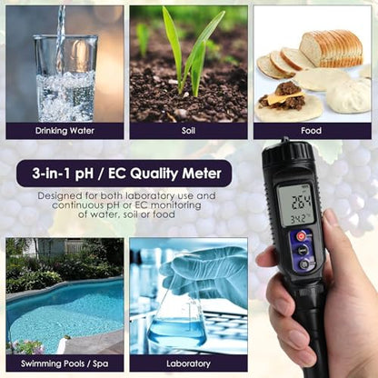 pH Meter for Food 3-in-1 Digital pH EC Temperature Meter with ATC, Food pH Tester for Checking Fermentation/Bread Dough/Sausages, Waterproof pH Probe Meter for Cosmetics, Solid and Soft Soil Sample - color: 3-in-1 Food pH Meter