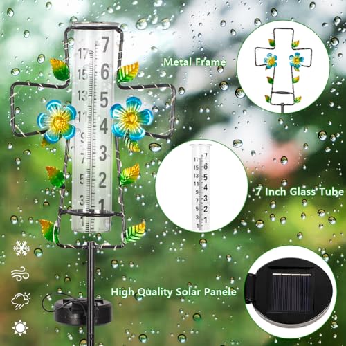 Solar Rain Gauge Outdoor with Lights,7” Glass Tube Cross Rain Gauge - color: Blue Cross