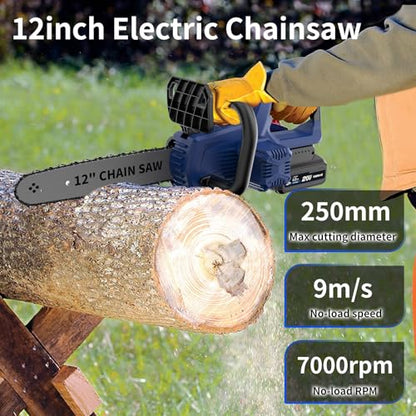 NANWEI Battery Chainsaw 12 inch, Brushless Motor, 2 x4.0Ah Batteries and Charger, Auto Oiling, Tool-Less Adjustment, Battery Powered Chainsaw For Wood,Tree Cutting (With Batteries)