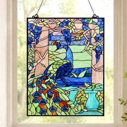 Bieye W10095 Blue Peacock Tiffany Style Stained Glass Window Panel - size: 17.5Wx23.75H Rectangular
