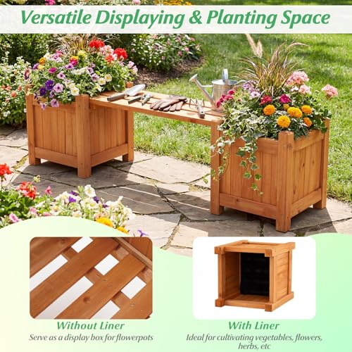 HAPPYGRILL Outdoor Bench with 2 Raised Garden Beds - size: 42" x 11" x 11.5"