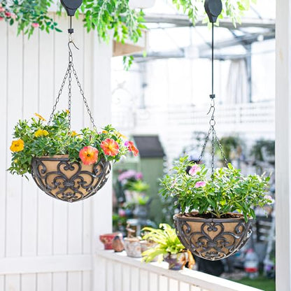 Sungmor 2PC 11" Dia. Cast Iron Hanging Baskets with Fabric Liner - Brown - color: Hanging Basket - Round