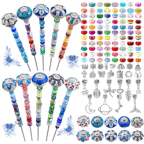 Silipull 255 Pcs 14 Inch Christmas Garden Stakes Decorative Blue and White Porcelain Ceramic Round Beaded Garden Stakes Decor Fairy Sticks for Indoor Outdoor Yard Lawn Pathway Patio Decoration - style: Porcelain