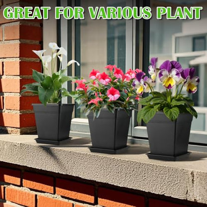 6 inch Plant Pots, 10 Pack Flower Pots Outdoor Indoor, Square Plastic Planter with Drainage Holes and Saucers, 0.5 Gallon Planter Pots for Plants Deep Capacity Garden Pot Container with Tray - size: 6 INCH / 10P