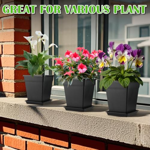 6 inch Plant Pots, 10 Pack Flower Pots Outdoor Indoor, Square Plastic Planter with Drainage Holes and Saucers, 0.5 Gallon Planter Pots for Plants Deep Capacity Garden Pot Container with Tray - size: 6 INCH / 10P