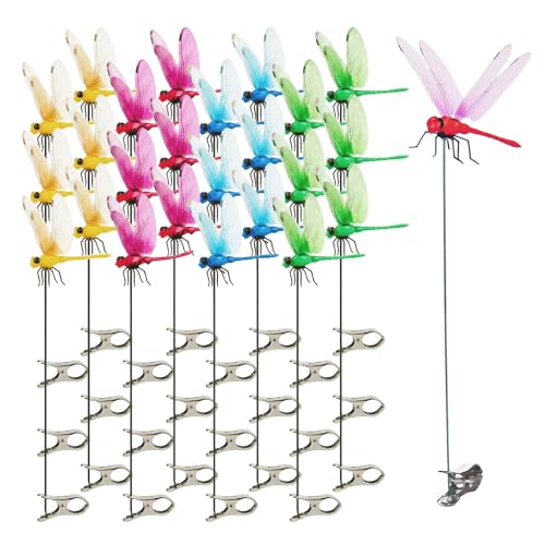 24 Pieces 3D Dragon Fly Garden Stakes, Removable Plastic Fake Dragonfly Indoor/Outdoor Decorations for Yard Patio Lawn Plant Flower Pot, 12 Inch Waterproof Colorful Plant Markers