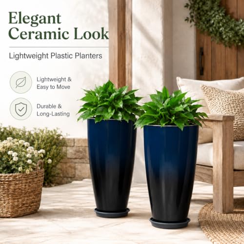 Neoaider Set of 2 Tall Planter, 21 inch Large Plastic Planter, Dark Blue - color: Dark Blue