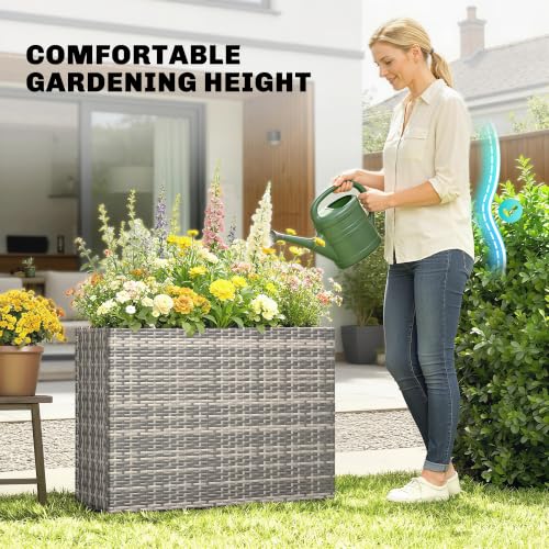 Outsunny Tall Rectangular Planter with Removable Liner PE Wicker Gray - color: Gray