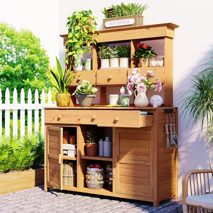 Merax 65.7" Tall Garden Potting Bench with Hutch, 3 Shelves, 6 Drawers, 2 Cabinets & Hooks - color: Natural