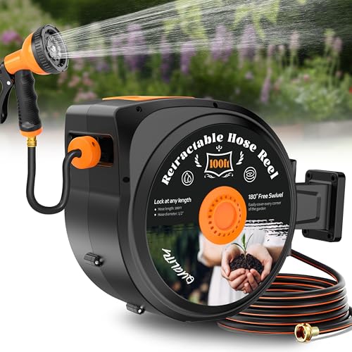 Retractable Garden Hose Reel, 1/2 in x 100 ft Wall Mounted Hose Reel - size: 100 FT