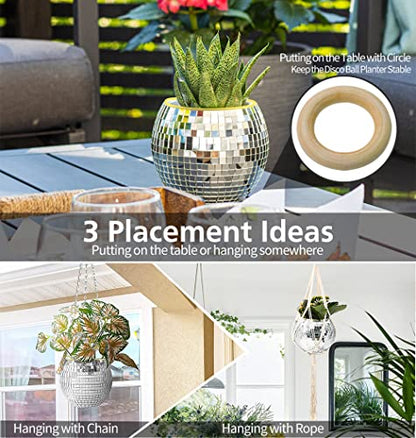 8" Silver Disco Ball Planter with Hanging Rope, Hanging Chain, Hook, Circle - color: 1×8" Silver