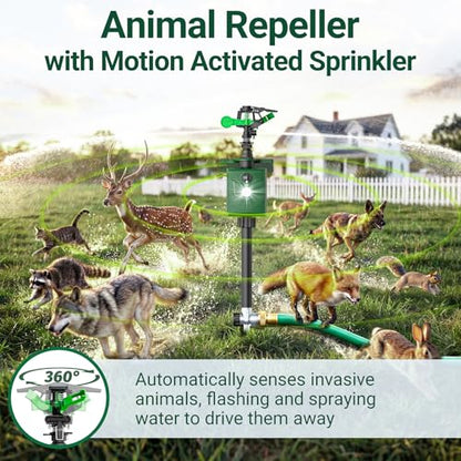 2 Packs Motion Activated Animal Repeller with Water Sprinkler, Deer Repellent Devices Solar Powered, IP65 Waterproof Deer Repellent with Flashing Light, Deter Cats Dogs Skunks Raccoons from Garden