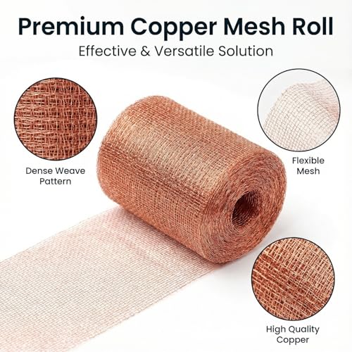 1-Pack Pure Copper Mesh Roll, Heavy Duty Rodent Control Mesh, Excluder Mesh for Rodents, Copper Wool for Blocking Holes, for Sealing Cracks, Gaps, Vents, and Protecting Garden Plants (5in x 33ft)