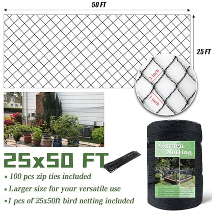 25 x 50 FT Bird Netting,1" Mesh Garden Netting,100PCS Zip Ties - size: 25 x 50 FT