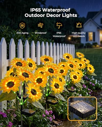 Brightown 6 Pack 3 Head Solar Sunflower Garden Stake Lights Waterproof - color: Yellow, size: 6 Packs