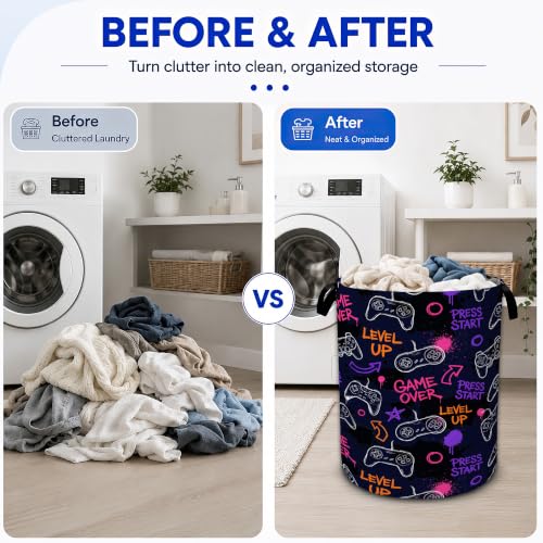 Video Game Laundry Basket,Gamer Controller Collapsible Laundry Hamper with Handles, Waterproof Oxford Cloth Clothes Storage Bin for Bedroom Bathroom Nursery, 20 x 16 in - color: Video Game, Gamer Controller