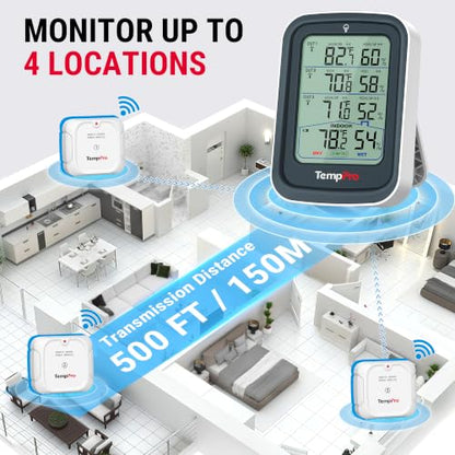TempPro TempAir 500FT Indoor Outdoor Thermometer Wireless -3 Sensors (Grey) - color: Grey