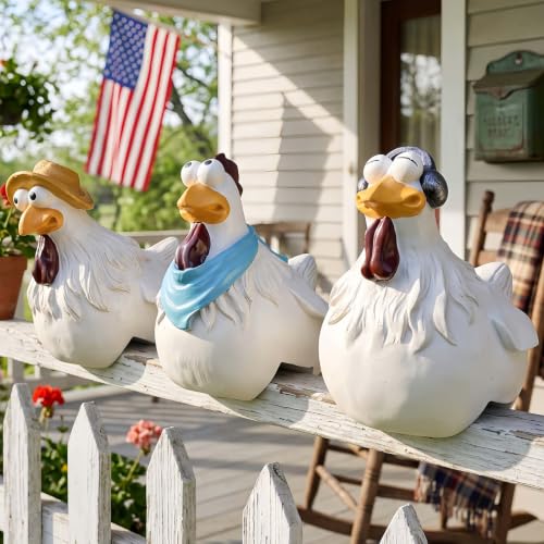 Chicken Fence Decor, Set of 3 Hand-Painted Resin Statues - color: Blue Multi
