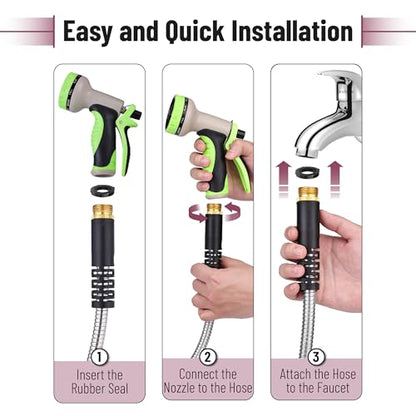 UNCO- Metal Garden Hose with 10 Functions Spray Nozzle, 100 Feet, No Kink