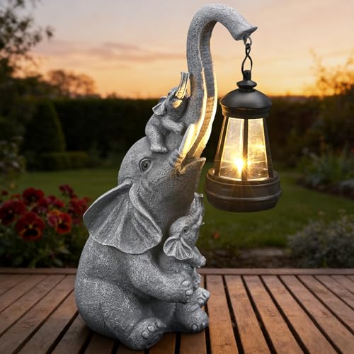 Solar Outdoor Garden Decor, Elephant Statue with Lantern for Patio, Yard Ornament and Lawn Decoration, Birthday Housewarming Gift for Mom, Wife, Grandma - style: Elephant with Lantern