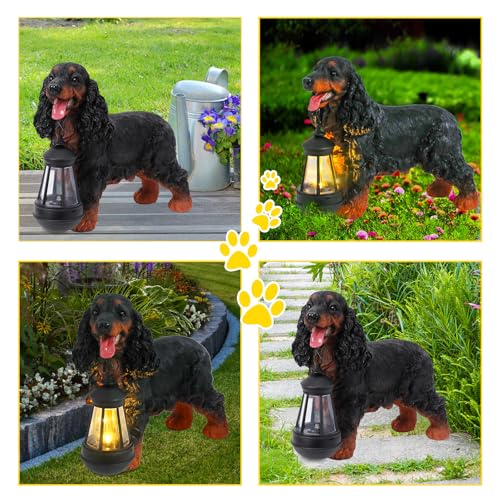 Solar Cocker Spaniel Dog Statue with Lantern, Outdoor Garden Figurine Light - style: BK American Cocker Spaniel