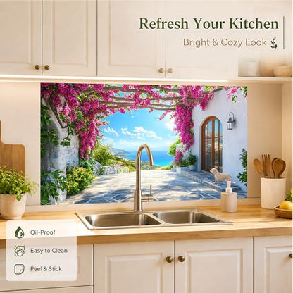 Kitchen Wallpaper 17.3x28 in Mediterranean Bougainvillea for Backsplash - color: Colorful1272
