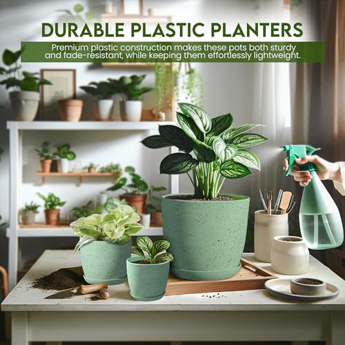Plant Pots Indoor with Drainage 5 Pack Multi-Size Planters Set Spotty Mint - color: Speckled Mint, size: Pack of 5
