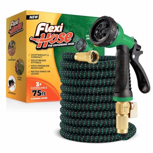 Flexi Hose with 8 Function Nozzle, 75FT - Lightweight Expandable Garden Hose, No-Kink Flexibility, 3/4 Inch Solid Brass Fittings and Double Latex Core - Black and Green - size: 75ft