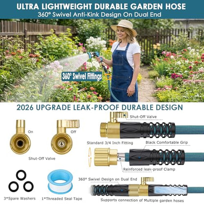FlexiSolve 100ft Non-Expanding Garden Hose with 360° Swivel & Valve, Blue - size: 100ft