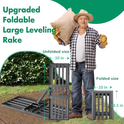 Lawn Leveling Rake,Folding 30x10 Inch Ground Plate,70 Inch Adjustable Long Handle Yard Level Tool with Curved Edge,Heavy Duty Landscaping Lawn Leveler for Grass, Golf Field, Soil Sand Dirt Spreader - size: Foldable 30"x10", 78"