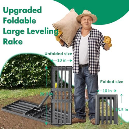 Lawn Leveling Rake,Folding 30x10 Inch Ground Plate,70 Inch Adjustable Long Handle Yard Level Tool with Curved Edge,Heavy Duty Landscaping Lawn Leveler for Grass, Golf Field, Soil Sand Dirt Spreader - size: Foldable 30"x10", 78"