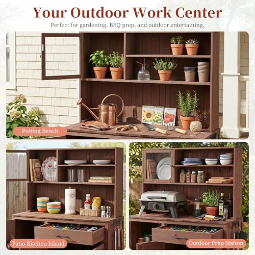 Potting Bench with Hutch, 65" H Solid Fir Wood Garden Workstation, Large Countertop, Patio Kitchen Island with Adjustable Shelves, Spice Rack, Side Hook and Drawer, Brown - size: Brown+1 Drawer