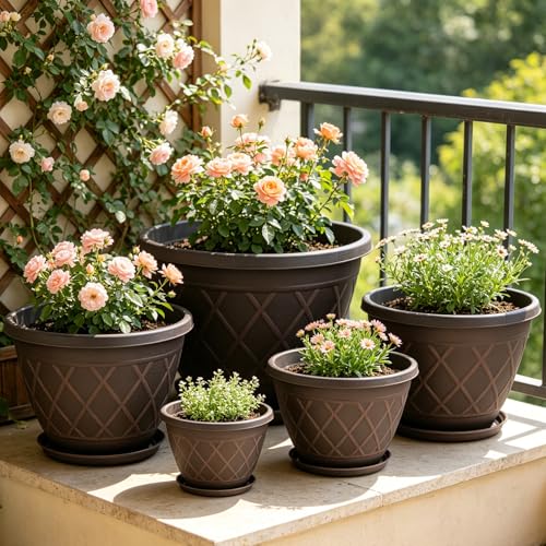 4 Pack 12 Inch Pots for Plants, Plastic Flower Pots with Faux-fence Texture - size: 12 Inch - 4Pack