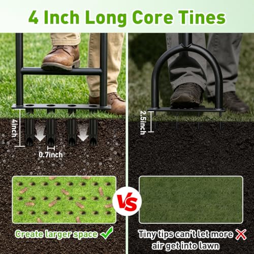 Manual Core Aerator Lawn Tool, Heavy Duty Lawn Aerator Tool with 4 Hollow Tines, Yard Aeration Tool for Lawn, Grass Plug Aerator for Compacted Soil, Lawn Care