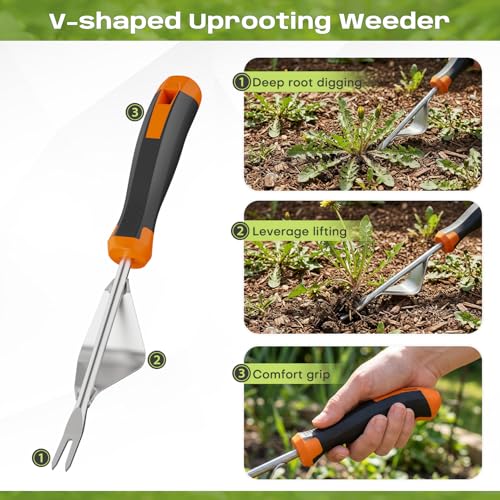 fishark Weed Puller Tool Set, 3 Pack Stainless Steel Manual Weeder