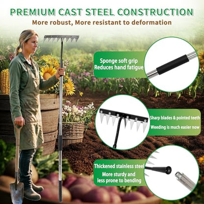 Upgraded Stainless Steel 8 Tines Garden Rake with 4-Section Adjustable Handle, Heavy Duty Manual Weeder Remover Tool for Gardening, YardWork, Weed Removal & Soil Aeration