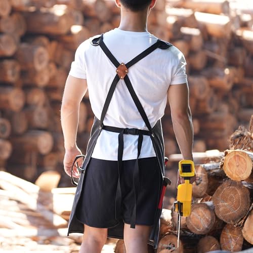 Tosewever Work Aprons for Men with Large Pockets, Canvas Cross Back Heavy Duty Adjustable Tool Aprons for Chef Cooking BBQ - color: Black