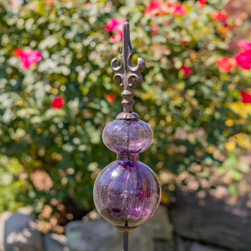 Zaer Ltd. Colored Blown Glass Garden Stake with Cast Iron Finial on Top (Pack of 2) (Royal Purple) - color: Royal Purple (Pack of 2)