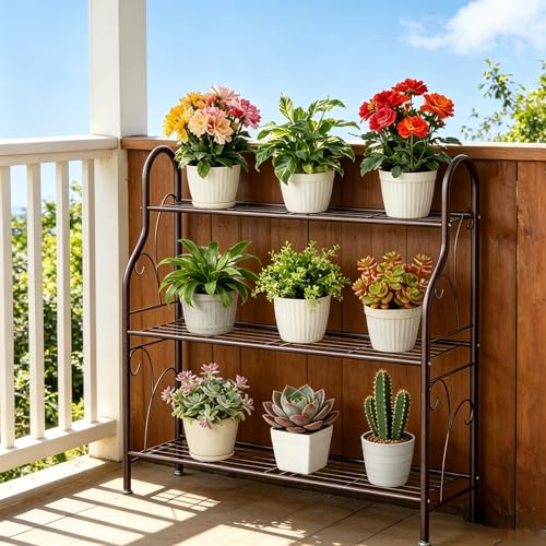 SORCEDAS 3 Tier Metal Plant Stand Indoor Outdoor Corner Flower Shelf - size: 3 Tier-Bronze