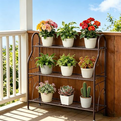 SORCEDAS 3 Tier Metal Plant Stand Indoor Outdoor Corner Flower Shelf - size: 3 Tier-Bronze