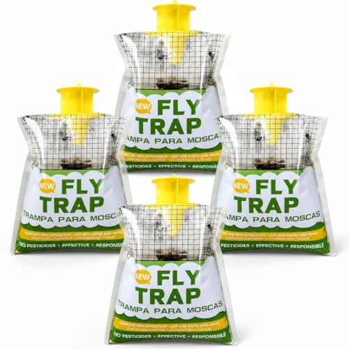 Disposable Fly Traps Outdoor 4 Pack, Natural Pre-Baited Hanging Fly Bags, Non-Toxic Bug Catcher for Outside Home, Garden, Pool, Patio, Camping, BBQ Area, Backyard, Picnic & Flying Insect Pest Control.