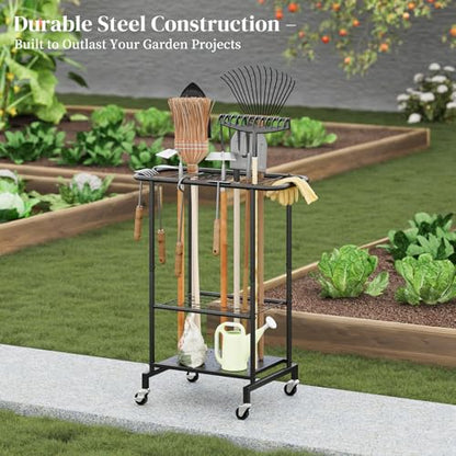 Rolling Garden Tool Organizer, Heavy Duty Steel Yard Tool Rack broom holder - style: Rack with Wheels