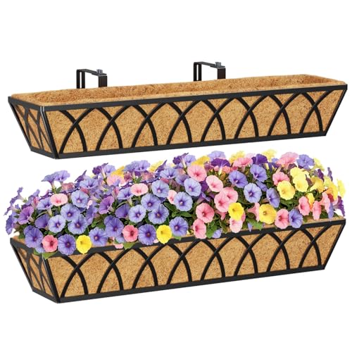 HFHOME 2 Pcs 30" Deck Railing Planter Box with Horse Trough Coco Liners, Black Window Box Metal Hanging Flower Planters Baskets for Indoor, Outdoor, Balcony, Porch, Fence, Patio, and Lawn - size: 30 Inch 2-Pack X-Pattern