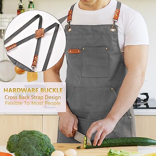 Aoomzoon Canvas Aprons for Men Women, Heavy Duty BBQ Apron with Pockets - color: Gray